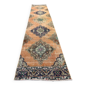 Tapis tribal vintage en laine, turc en détresse, 375x80 cm