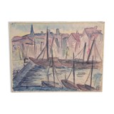 Cubist/Fauvist-style port scene table