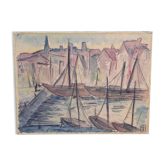 Cubist/Fauvist-style port scene table