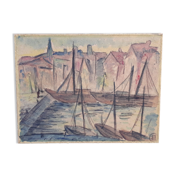 Cubist/Fauvist-style port scene table