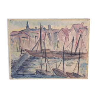 Cubist/Fauvist-style port scene table