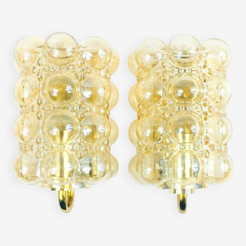 Pair of Amber Bubble Glass & Brass Wall Lights/Sconces by Helena Tynell for Limburg, Germany, 1960s