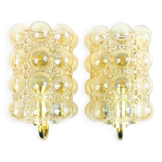 Pair of Amber Bubble Glass & Brass Wall Lights/Sconces by Helena Tynell for Limburg, Germany, 1960s