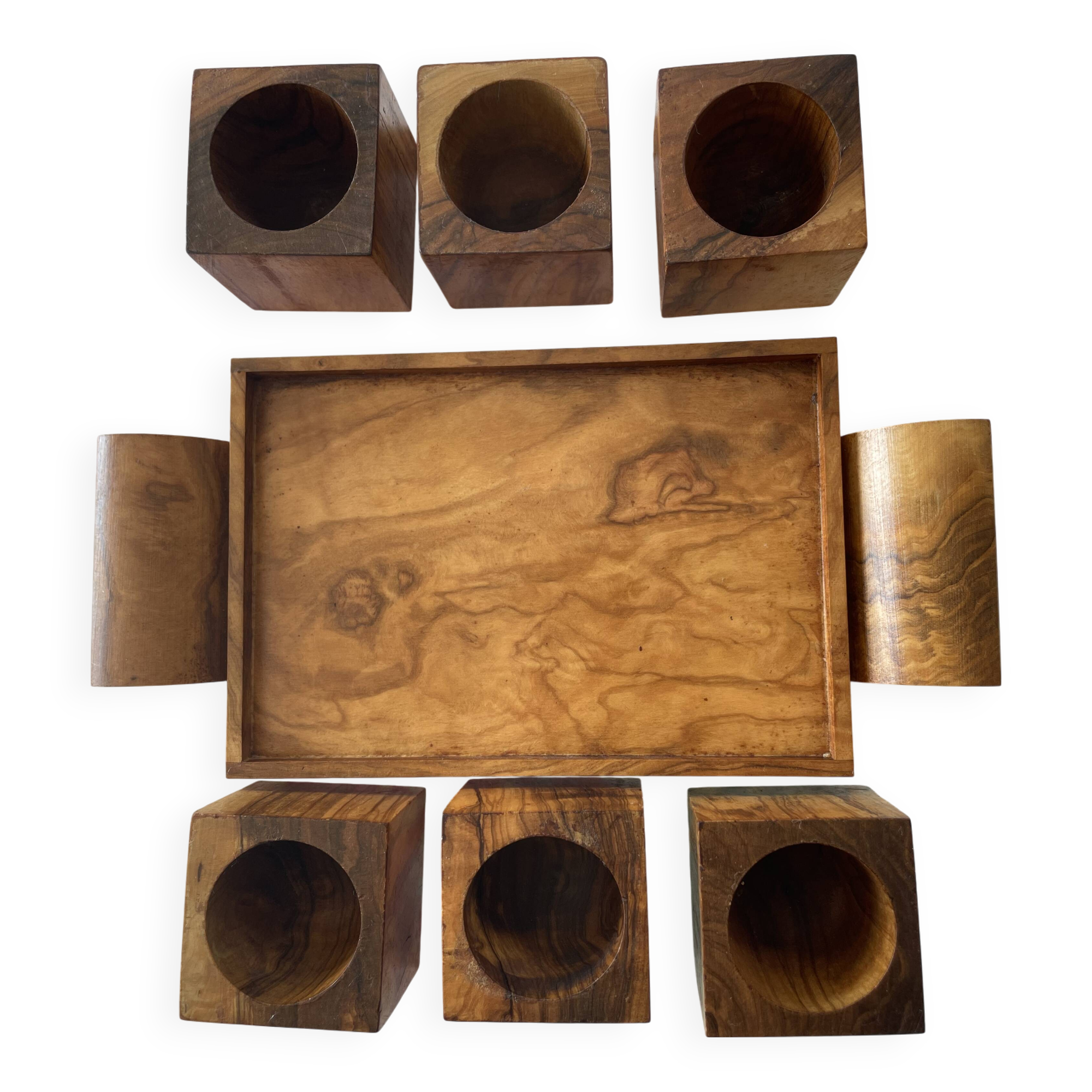 6 cube egg cups on tray with handles Olive wood Vintage 1970
