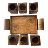 6 cube egg cups on tray with handles Olive wood Vintage 1970