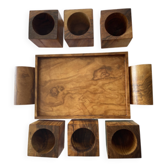 6 coquetiers cubes sur plateau anses Bois d’ Olivier Vintage 1970