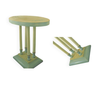 Art Deco oval side table in hand-painted azure blue and yellow wood, 1930s