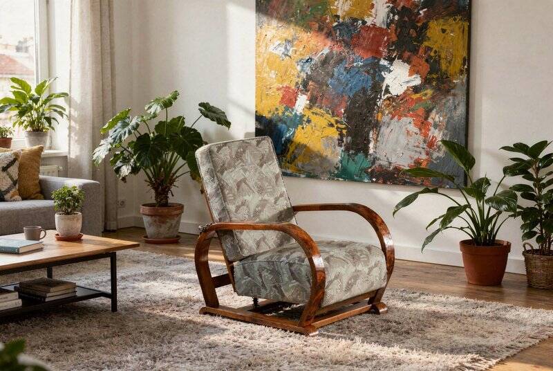 Czech Art Deco Walnut and Chrome Reclining Armchair, 1930s