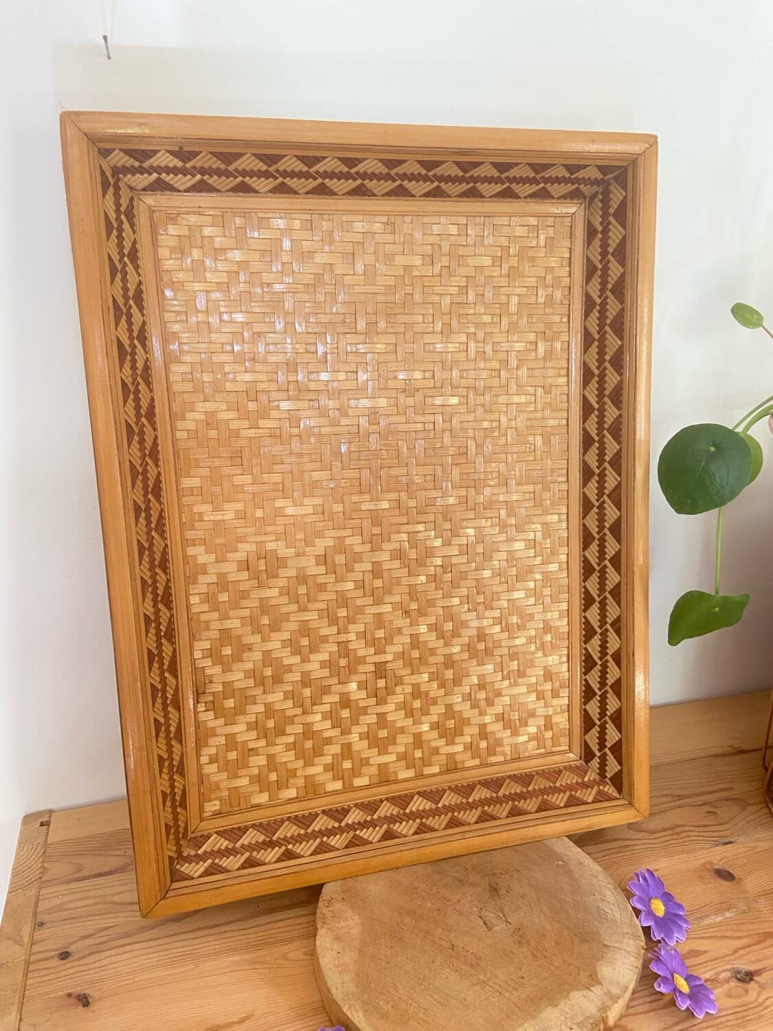 Vintage antique rectangular woven wicker tray