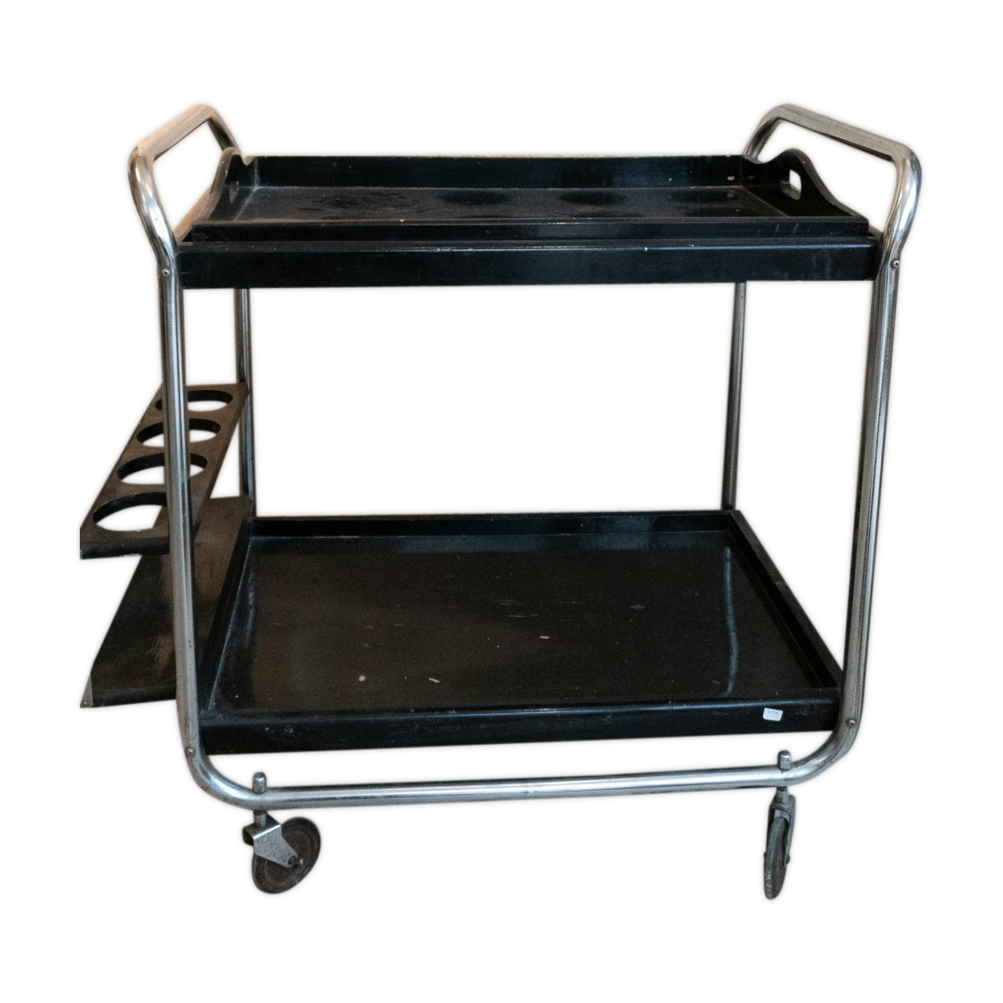 Blackened wooden rolling table