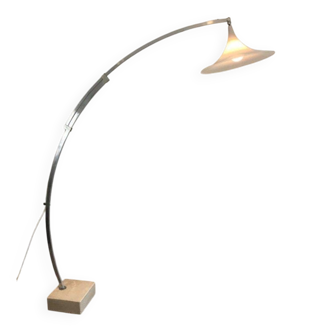 Rare Arco-style parquet floor lamp in brushed aluminum, with a white plastic conical reflector and a square marble base