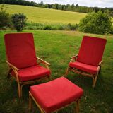 2 bamboo chairs ans foot stool