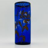 Antique blue glass vase, hand-painted bronze floral decoration / Art Nouveau