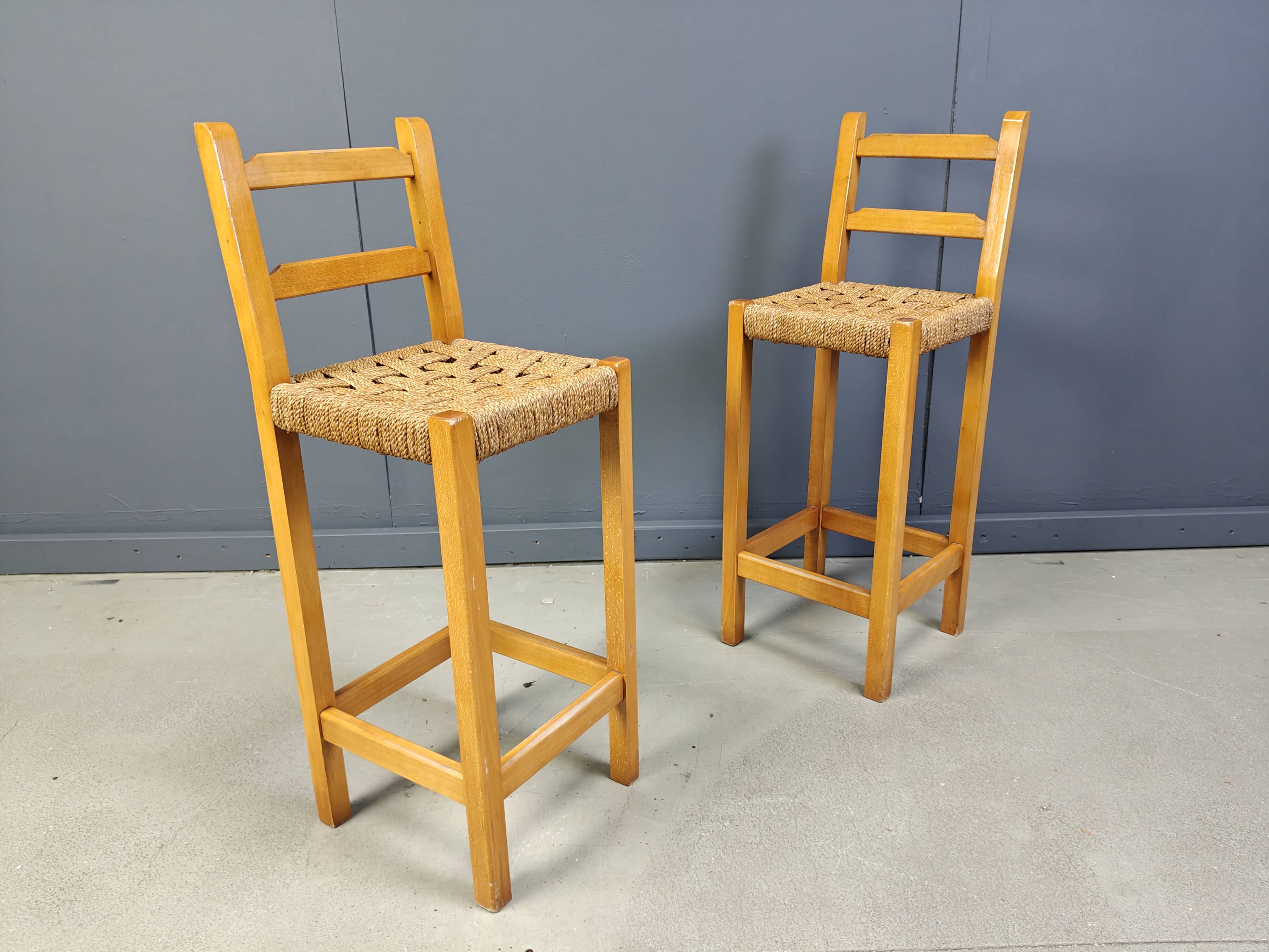 Vintage oak and papercord bar stools, 1960s