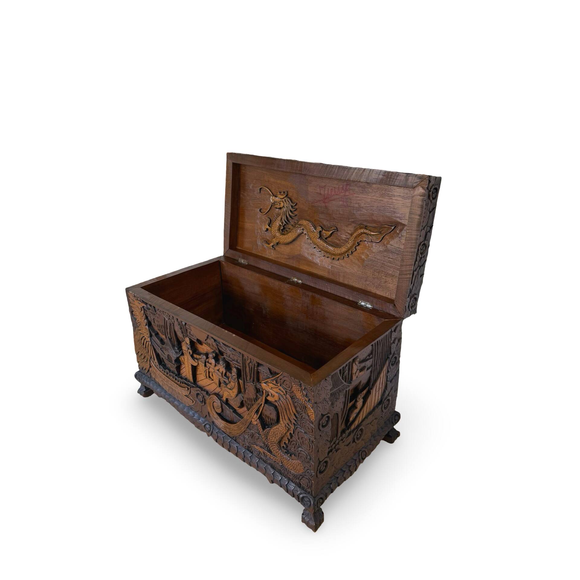 Antique Chinese Carved Export Chest – Dragon, Phoenix & Landscape Deco