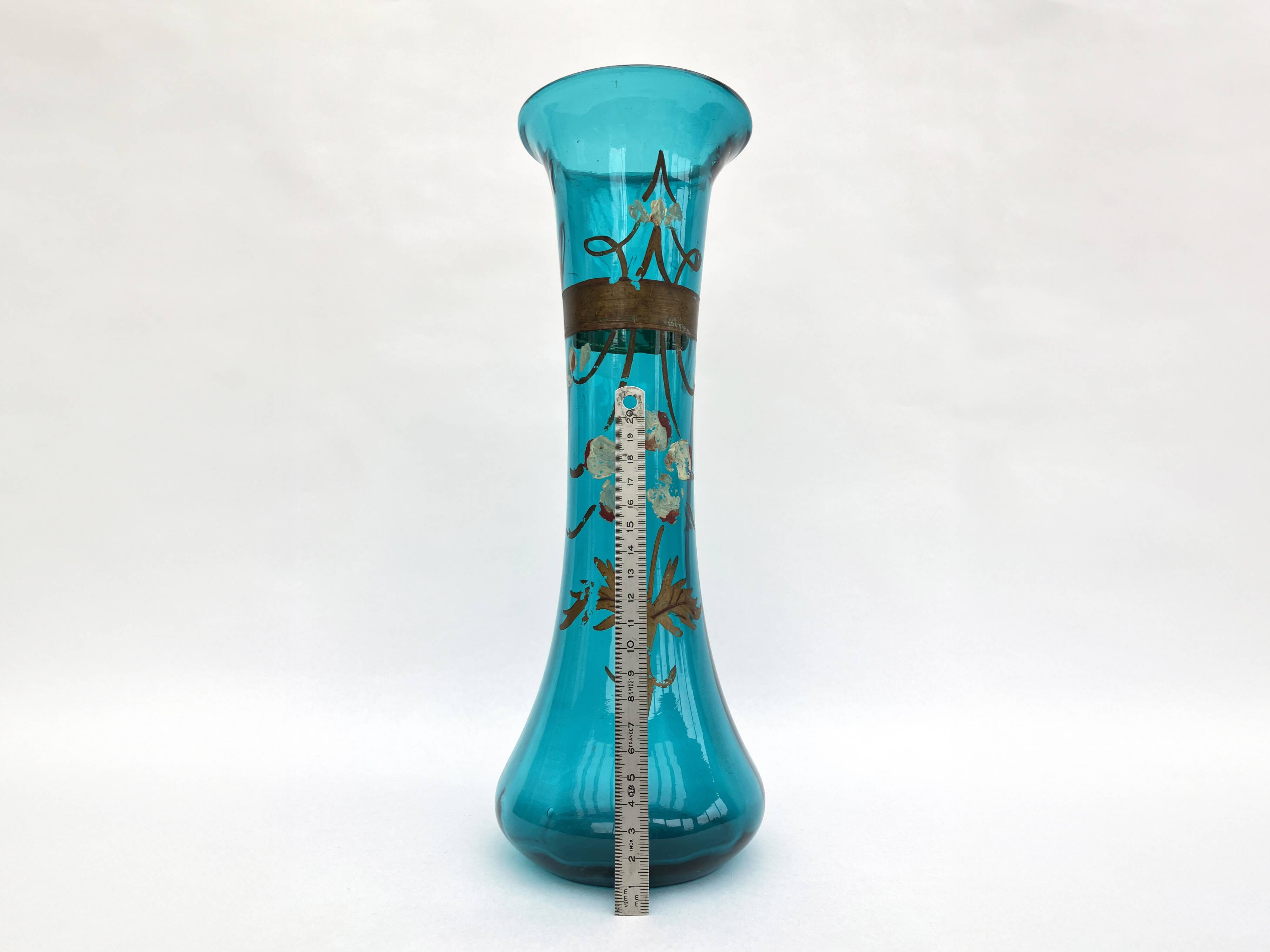 Large diabolo-shaped vase in turquoise blue blown glass with floral decoration • Art Nouveau • 1900s