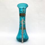 Large diabolo-shaped vase in turquoise blue blown glass with floral decoration • Art Nouveau • 1900s