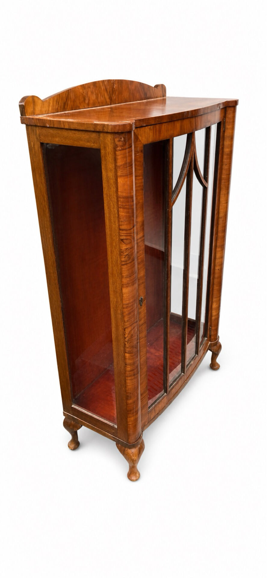 Antique English walnut display cabinet with glass sides in Art Deco style, 30s-40s.