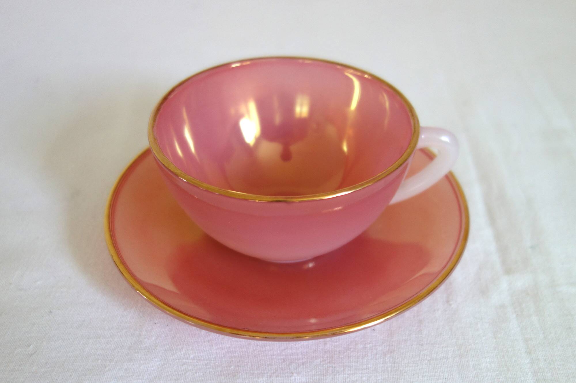5 vintage Arcopal Harlequin teacups with saucers