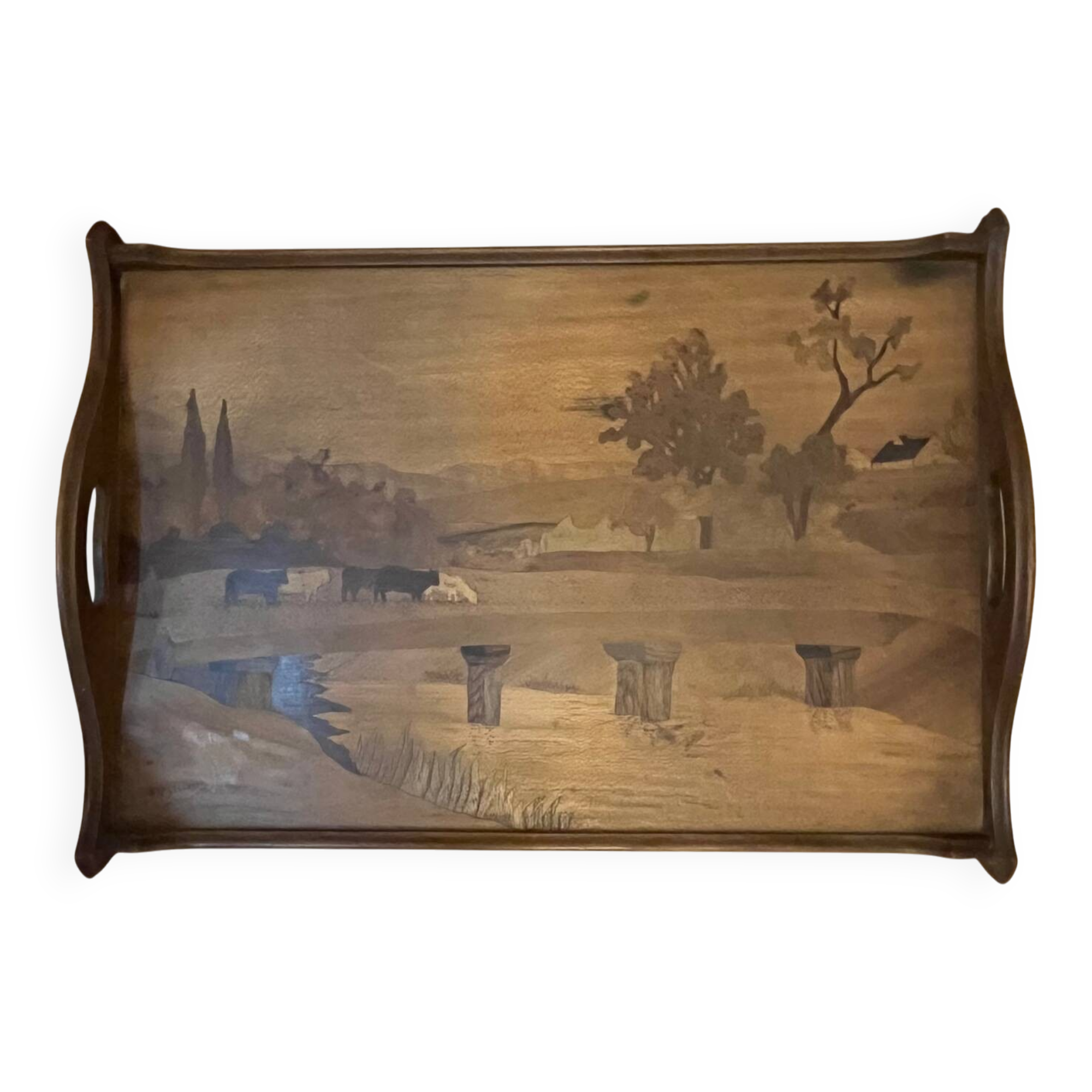 Grand plateau ancien en bois marqueté