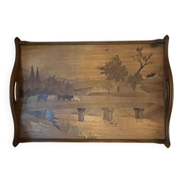 Grand plateau ancien en bois marqueté
