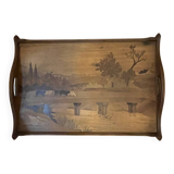 Grand plateau ancien en bois marqueté