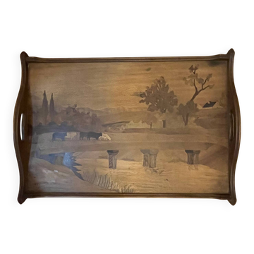 Grand plateau ancien en bois marqueté