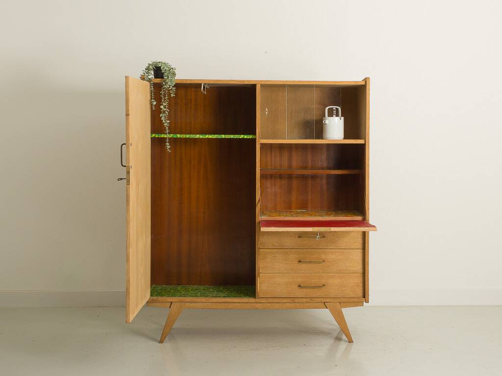 Oak desk cabinet with wardrobe space and fully pickled showcase, circa 60