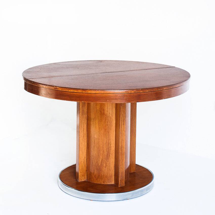 Dining table with a central extension. Vintage. Art Deco style. Varnished wood. France, 1960s.
