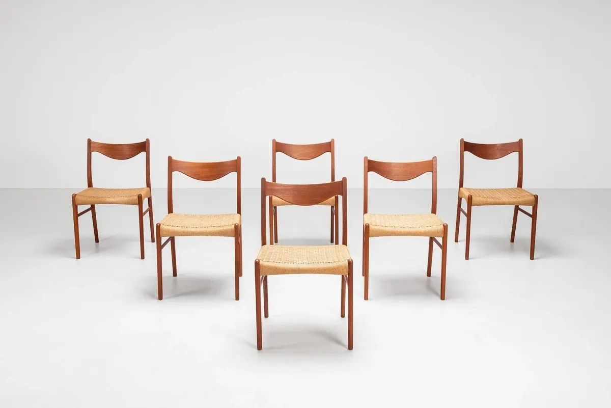Arne Wahl Iversen set of six teak dining chairs Glyngore Denmark 1960