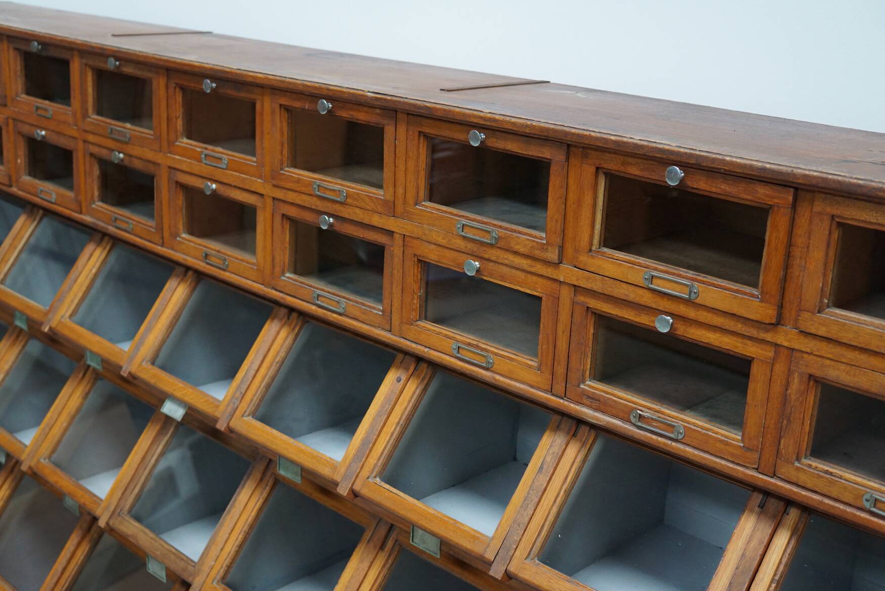 Very large Dutch oak showcase for grocery or haberdashery, 1920s-1930s