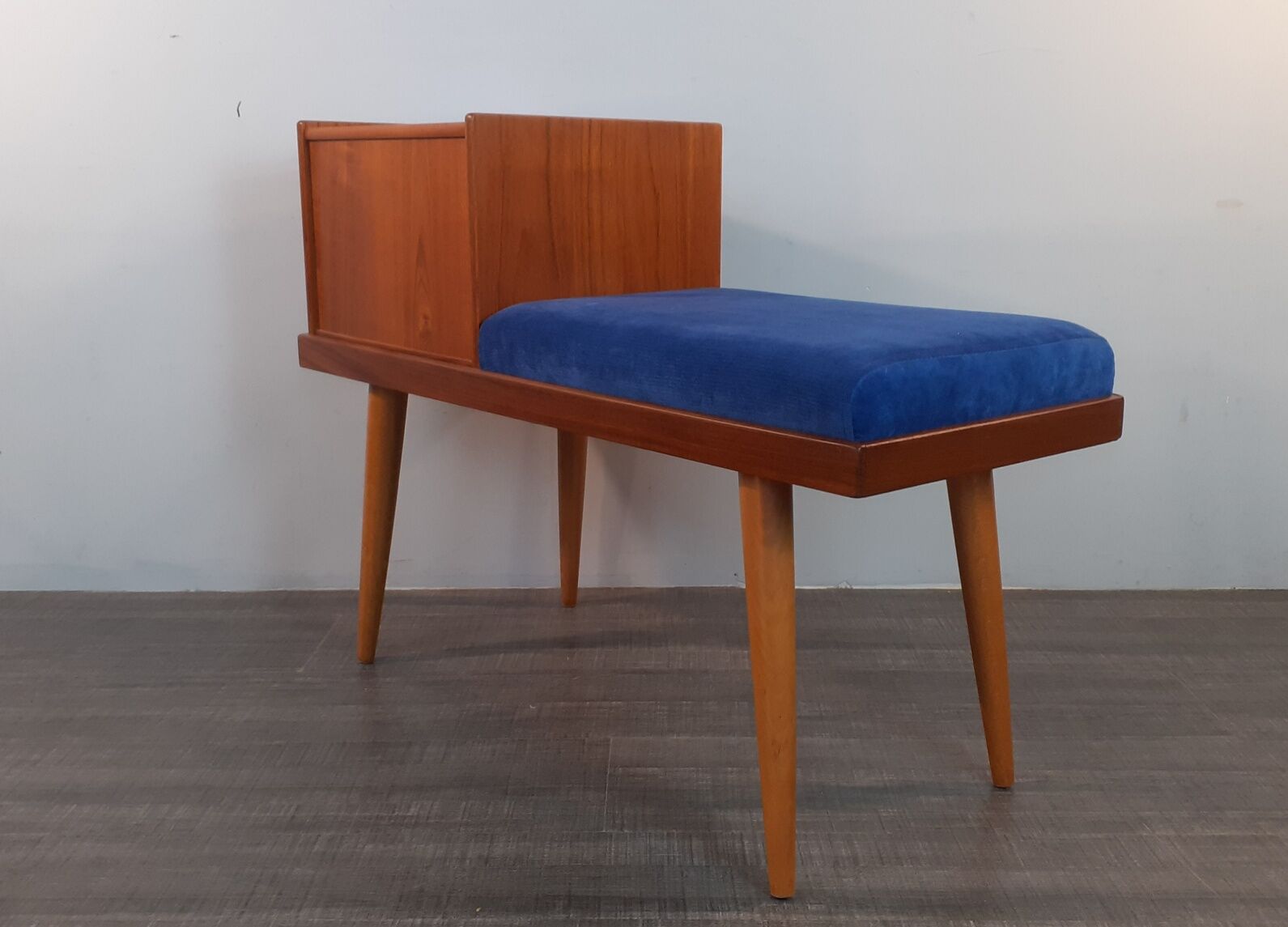 Bench Norwegian Phone Teak and blue fabric, Vintage Scandinavian 1970s