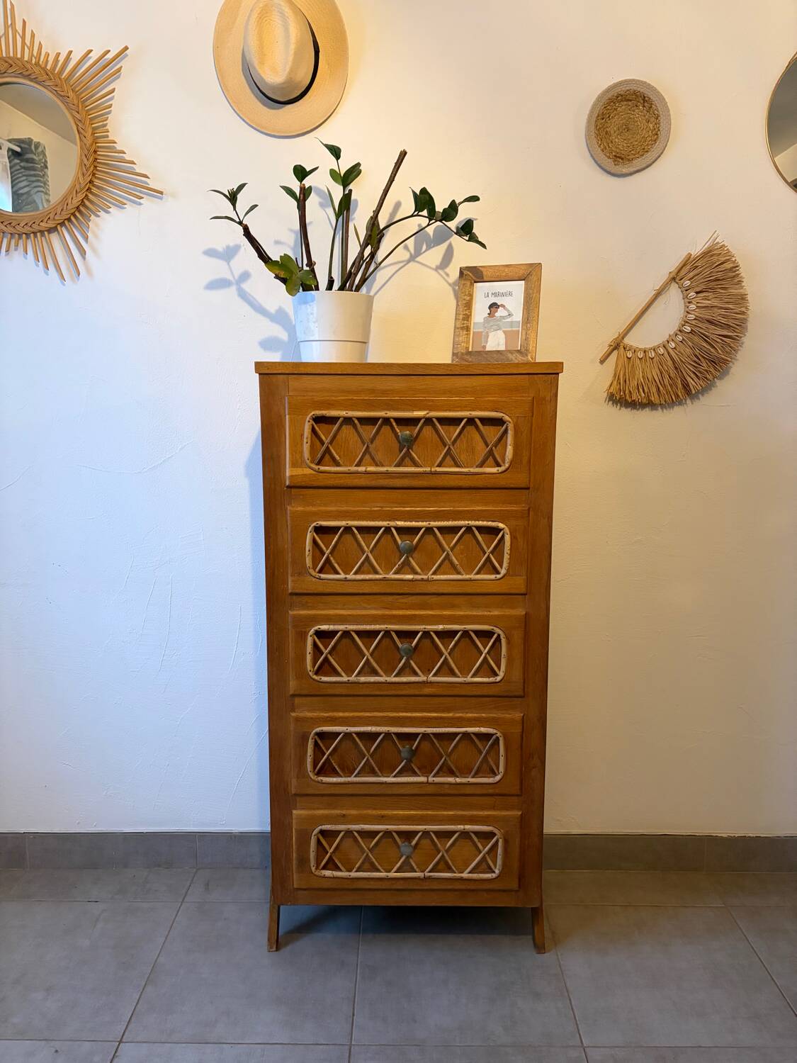 Vintage oak and rattan chest of drawers