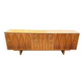 Enfilade vintage marron en bois plaqué laqué, motifs marquetés symétriques, 1960s, 210 cm