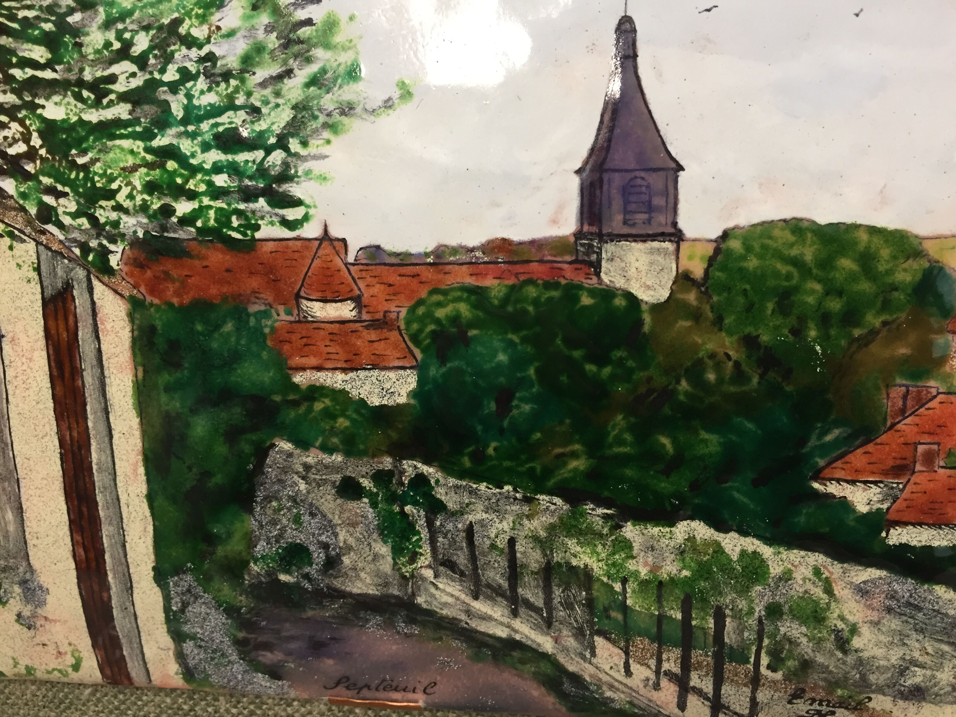 Painting frame enamelled painting signed on copper plate city of septeuil 78