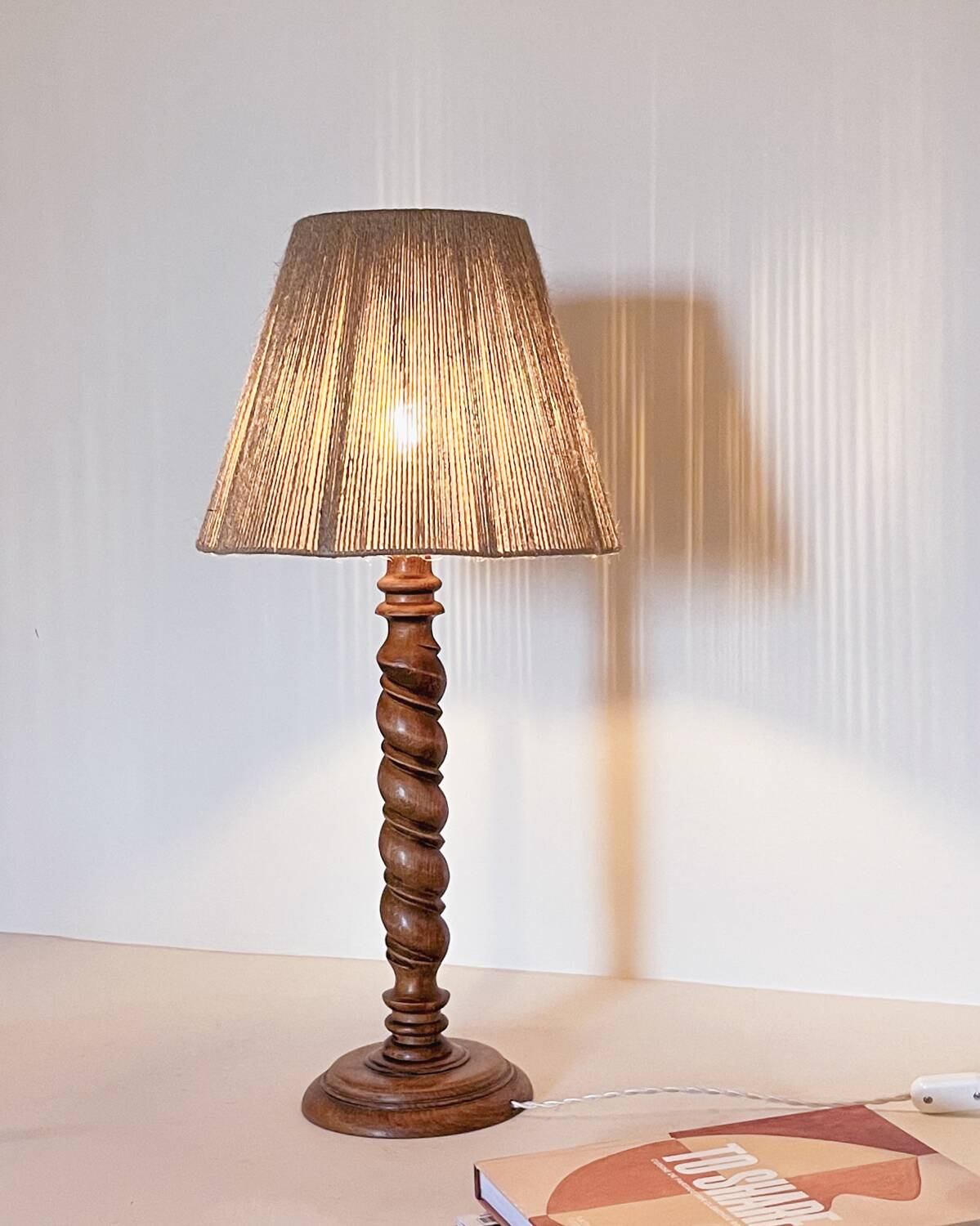 Turned wood lamp and jute lampshade