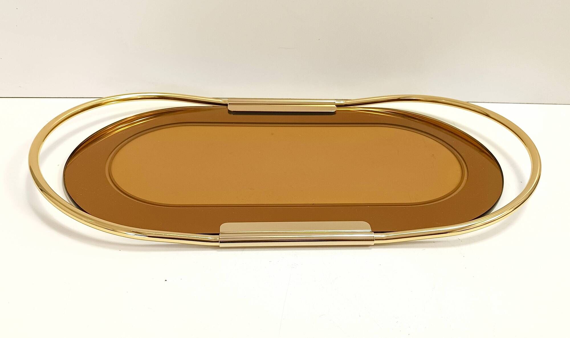 Oval 24k Gold Plated and Bronzed Pink Mirrored Tray by Umberto Mascagni
