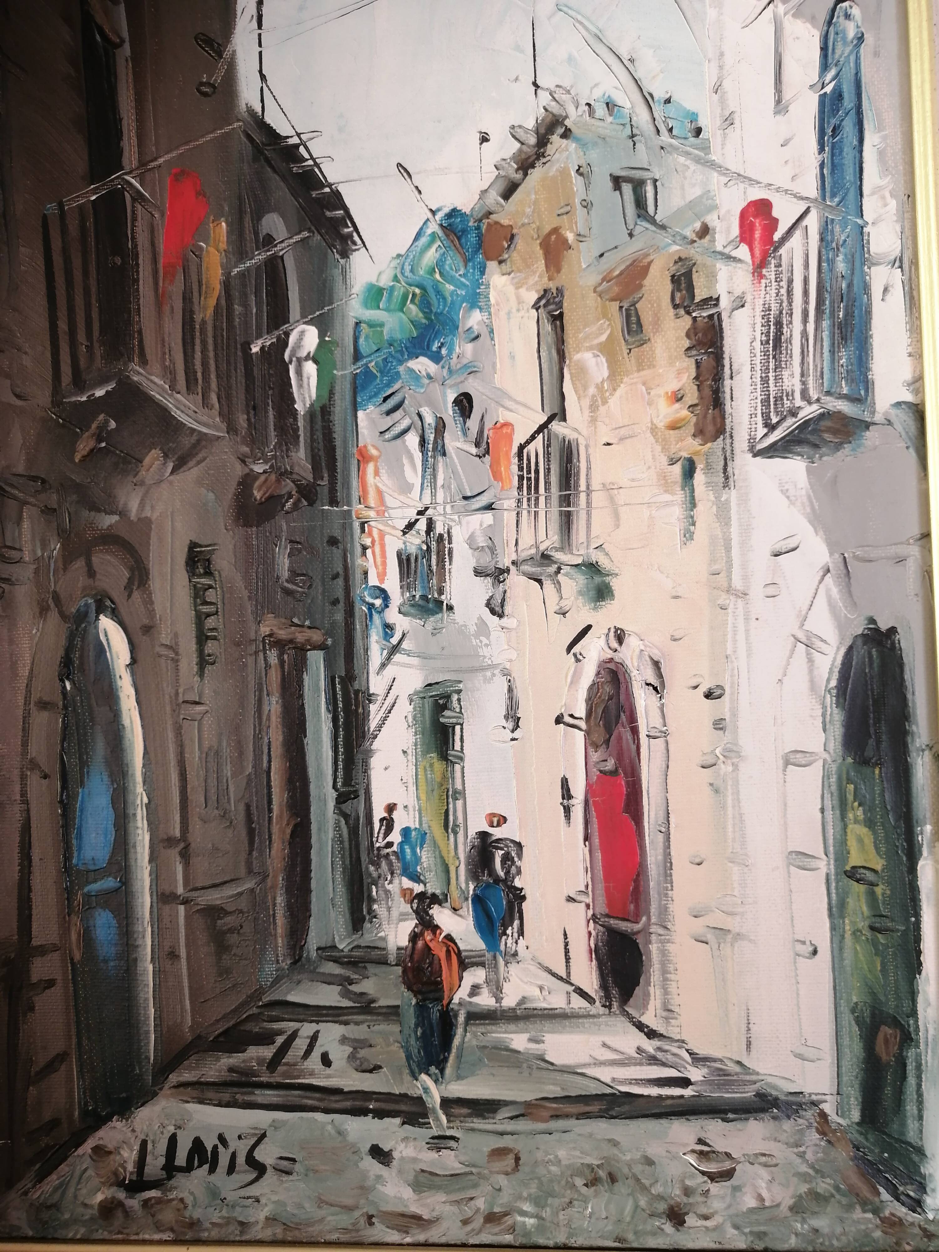 Street landscape - oil on canvas, framed and signed (to be deciphered)