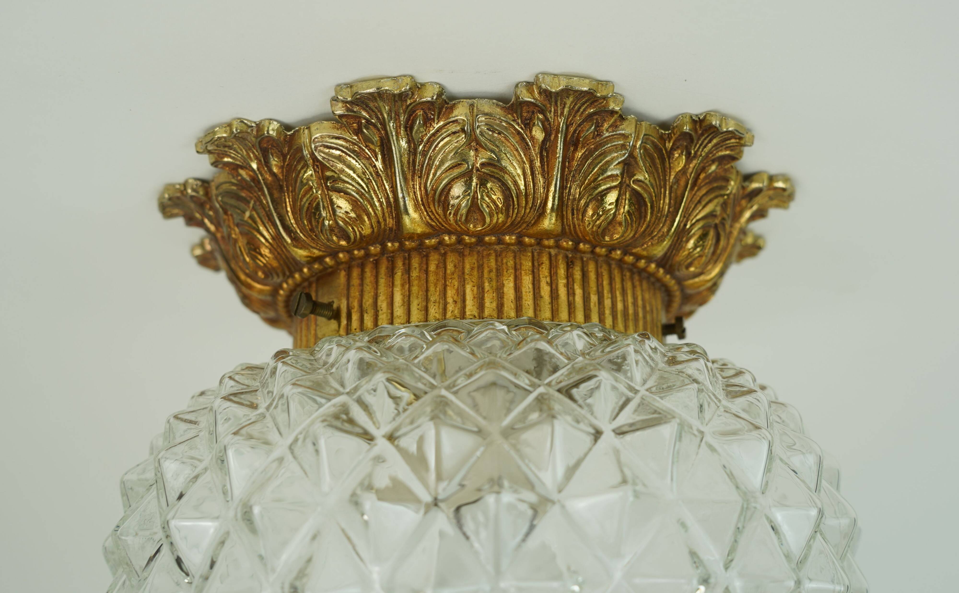 Midcentury ceiling light massive belgium textured glass gold-plated alu 70s