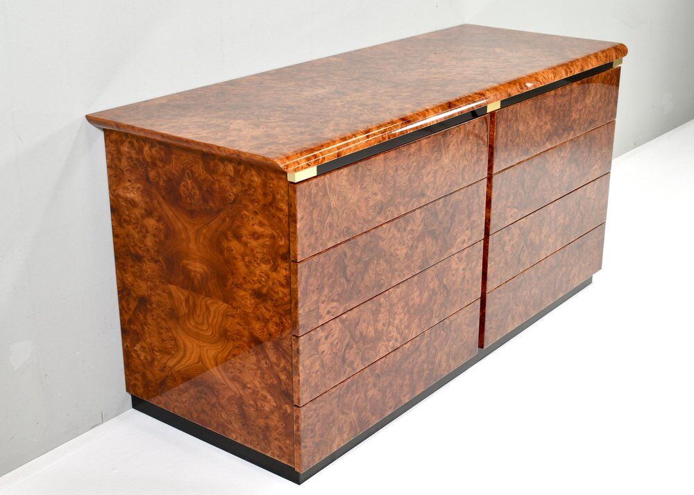 Italian drawer credenza in high gloss burl and brass, Italy, 1970s