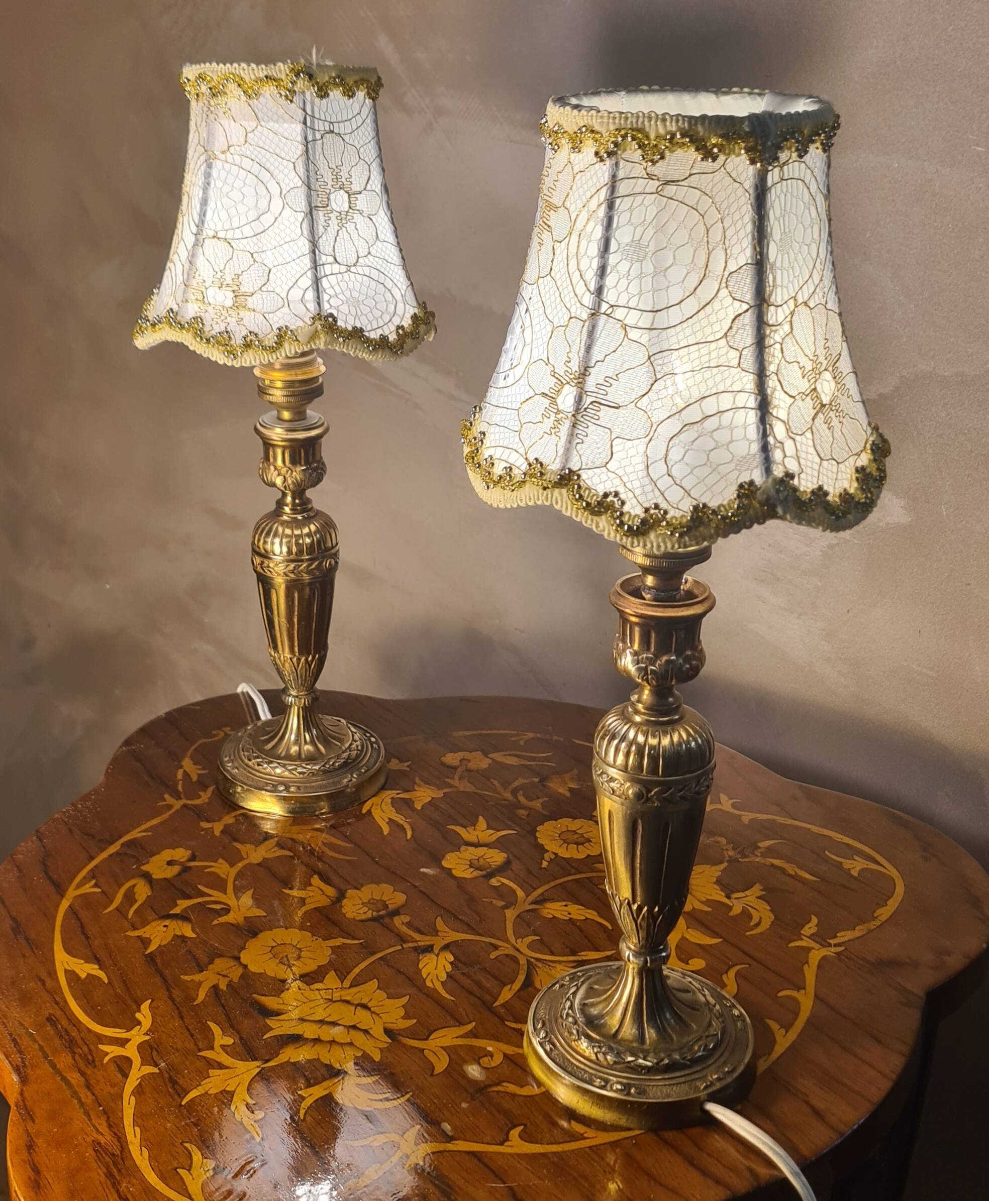 pair of Empire brass bedside lamps 34x14 electric working embroidered lampshade very beautiful
