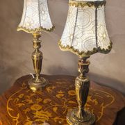pair of Empire brass bedside lamps 34x14 electric working embroidered lampshade very beautiful