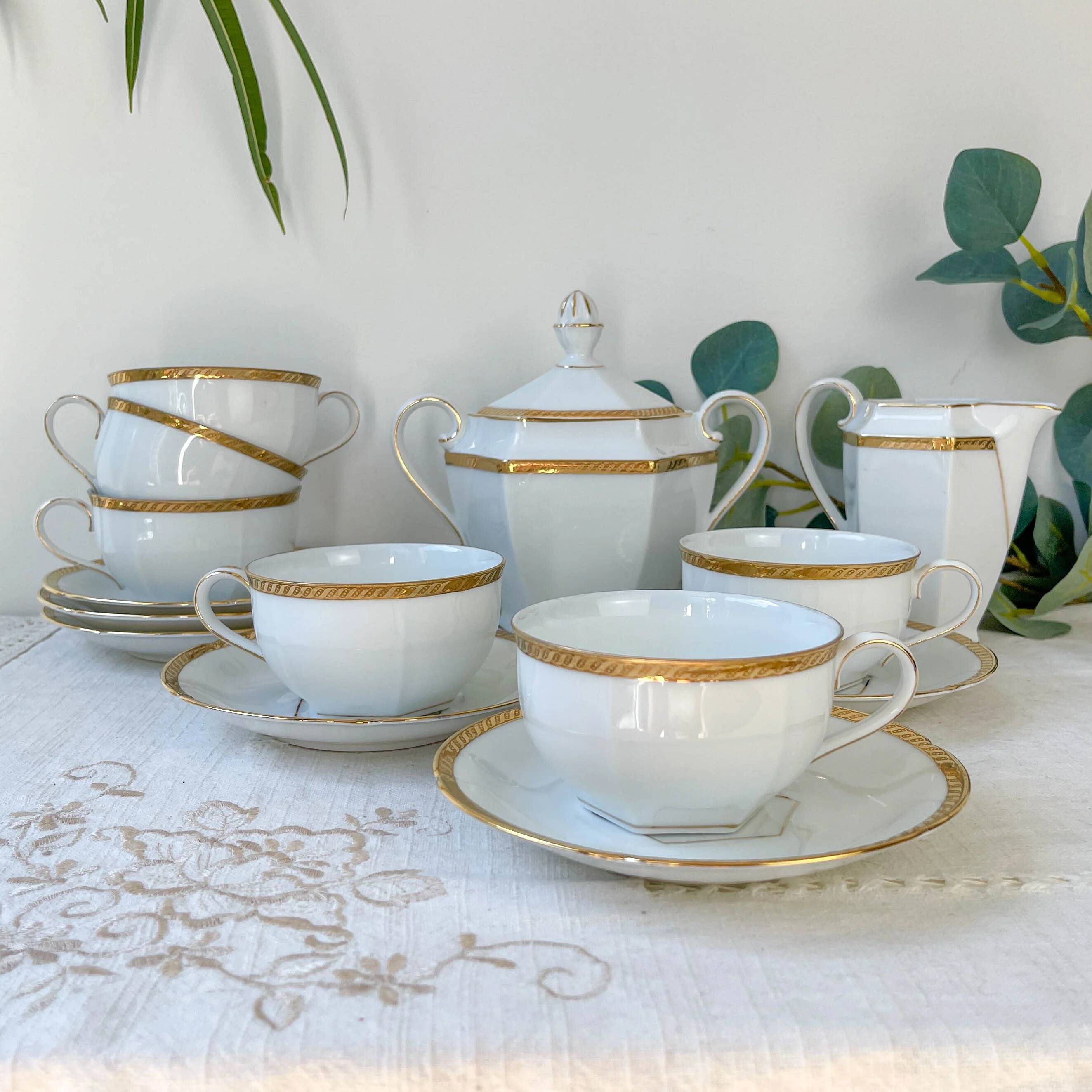 Vintage white porcelain coffee set, gilded, Epiag Czechoslovakia