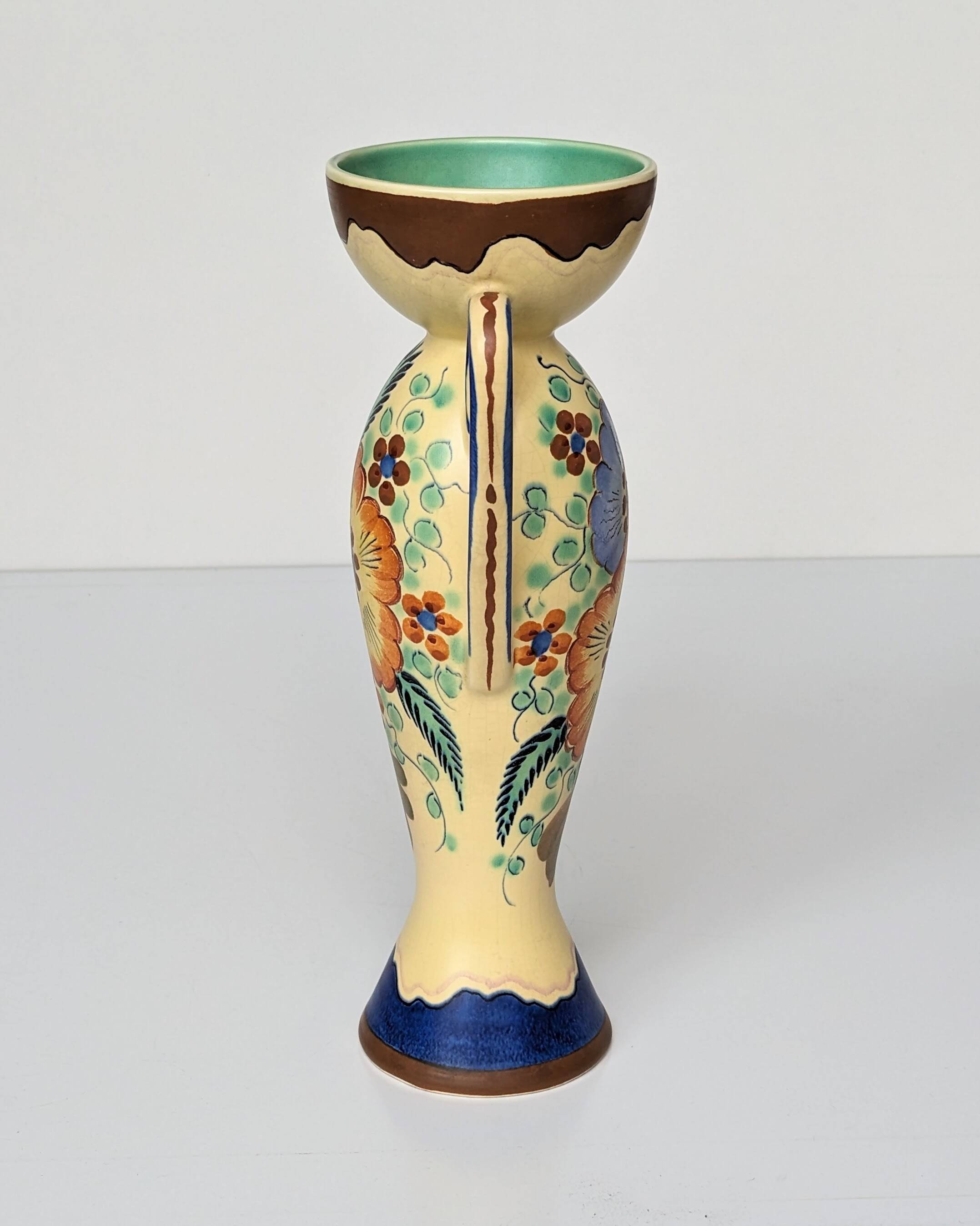 Amphora Vase Ceramic Gouda Holland - Rubens hand painted flower motif - Model 1035