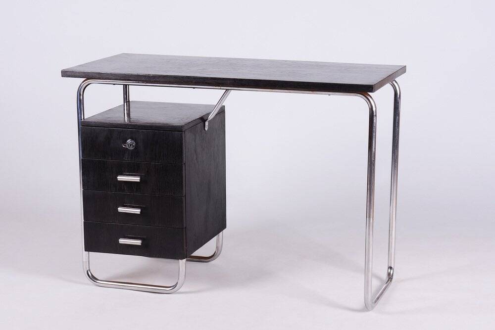 Bauhaus Writing Desk in Oak and Chromed Steel by Robert Slezák, Czech, 1930s