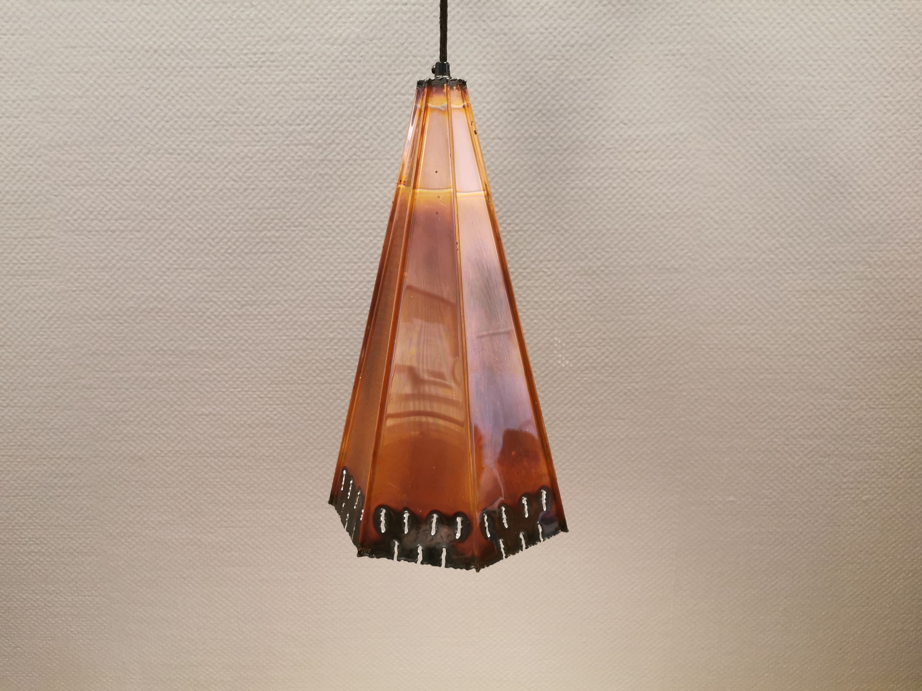 Older Danish cone-shaped hanging lamp in copper-colored lacquer with an inner contrasting shade.