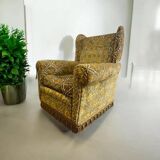 Fauteuil vintage jaune moutarde / monoplace à franges