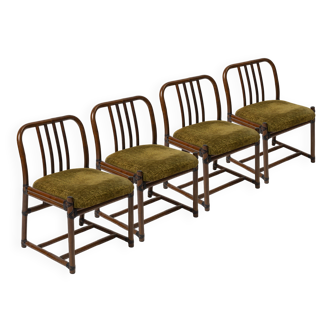 Ensemble de quatre chaises de salle à manger en bambou/rotin avec assise en velours, Italie, années 1970