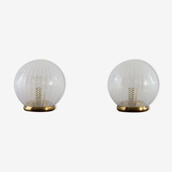 21112K Pair of Tessuto Vetri Venini table lamps with Murano glass swirl bowl shades, 1970s