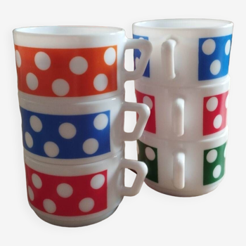 Lot de 6 tasses Arcopal Polka années 70